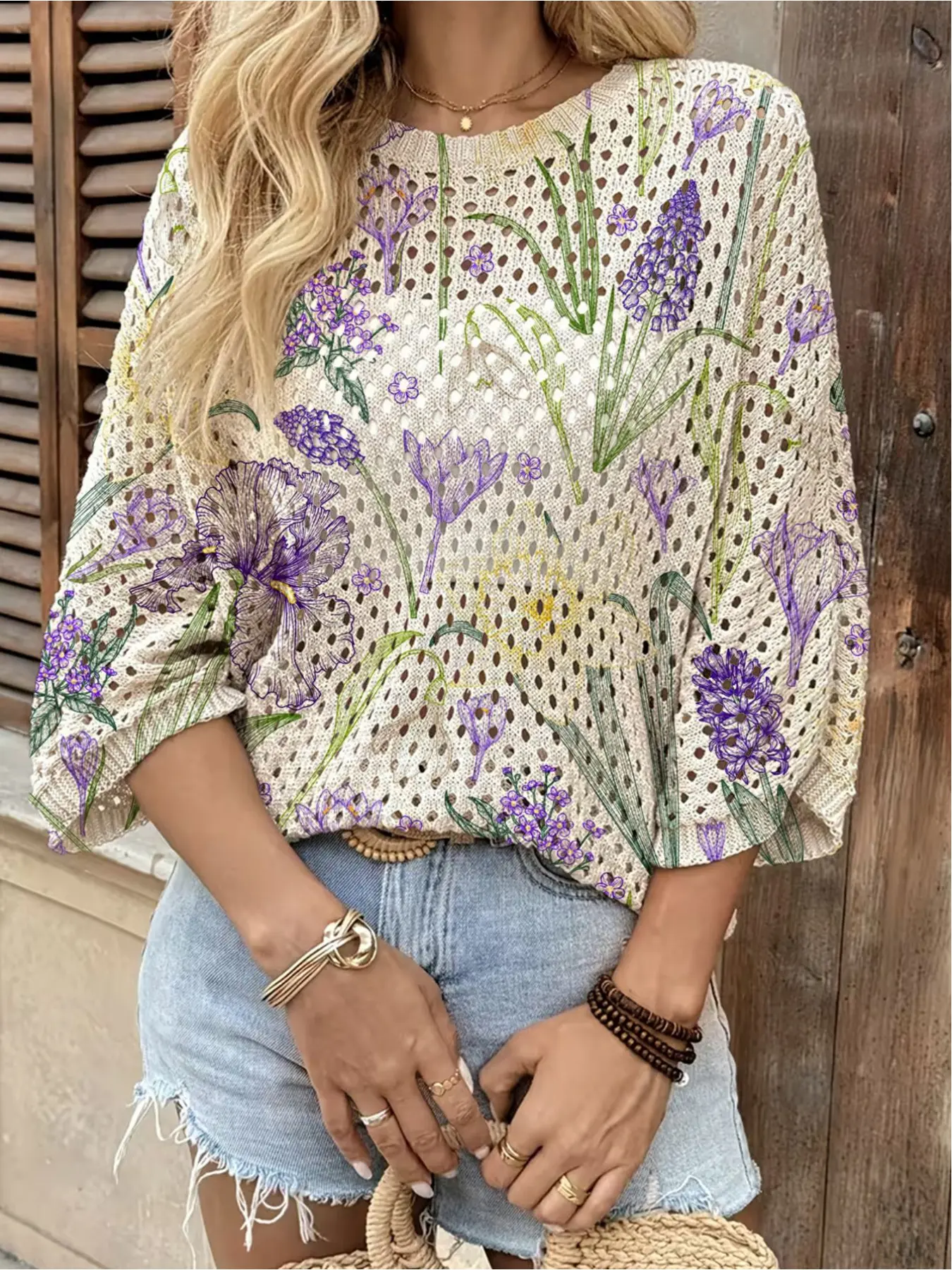 Spring & summer Bohemian Casual Boho Breathable knit top, Casual Fashionable Top, round neck, hollow-out batwing sleeves, loose fit, contrast floral print, lightweight, suitable for daily, commute, vacation and beach bikini cover-up, women