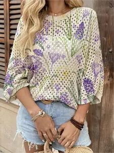 Spring & summer Bohemian knit top, round neck, hollow-out batwing sleeves, loose fit. Contrast floral print, lightweight. Suitable for daily, commute, vacation and beach bikini cover-up, casual and elegant. Women