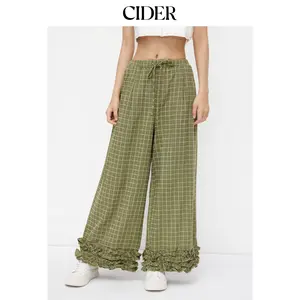 Cider Mid Rise Check Drawstring Lettuce Trim Trousers