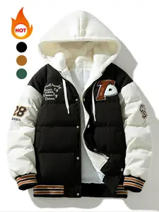 Men's Colorblock Letter Print Patched Drawstring Thick Hooded Jacket, Regular Fit Casual Long Sleeve Button Front Warm Outerwear for Fall & Winter, Casual Fitted Jackets, Men's Clothes for Daily Wear