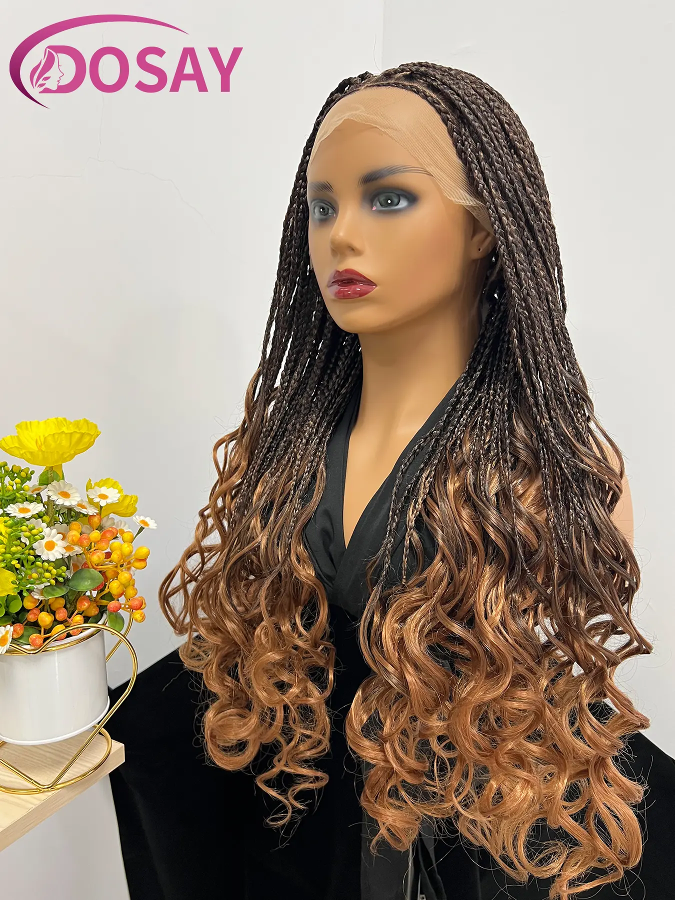 1B30 Black Brown Gradient Bohemian Knotless Box Braided Wig for Black Women Boho Braided Wigs Synthetic Handmade Full Lace Cornrow Box Braided Wigs Super Lightweight & Breathable Beginner Friendly Wig