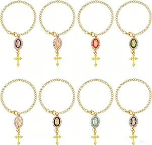 Christian Steering Wheel Rosary Charm Set (8 Pcs) – Religious Car Interior Accessories with Cross Pendant & Protection Beads for Rearview Mirror, Dashboard, Auto Decor