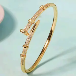Classic Rhinestone Nail Bracelet Bangle Fashion Women's Jewelry Gifts Gold-Tone Sparkling Design Cuff Bangles