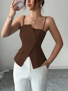 New Asymmetrical Backless Women's Top, Fitted Plain Minimalist Design, Sleeveless Everyday Commute Casual Wear, Slimming Waistline, Versatile Fashion Piece