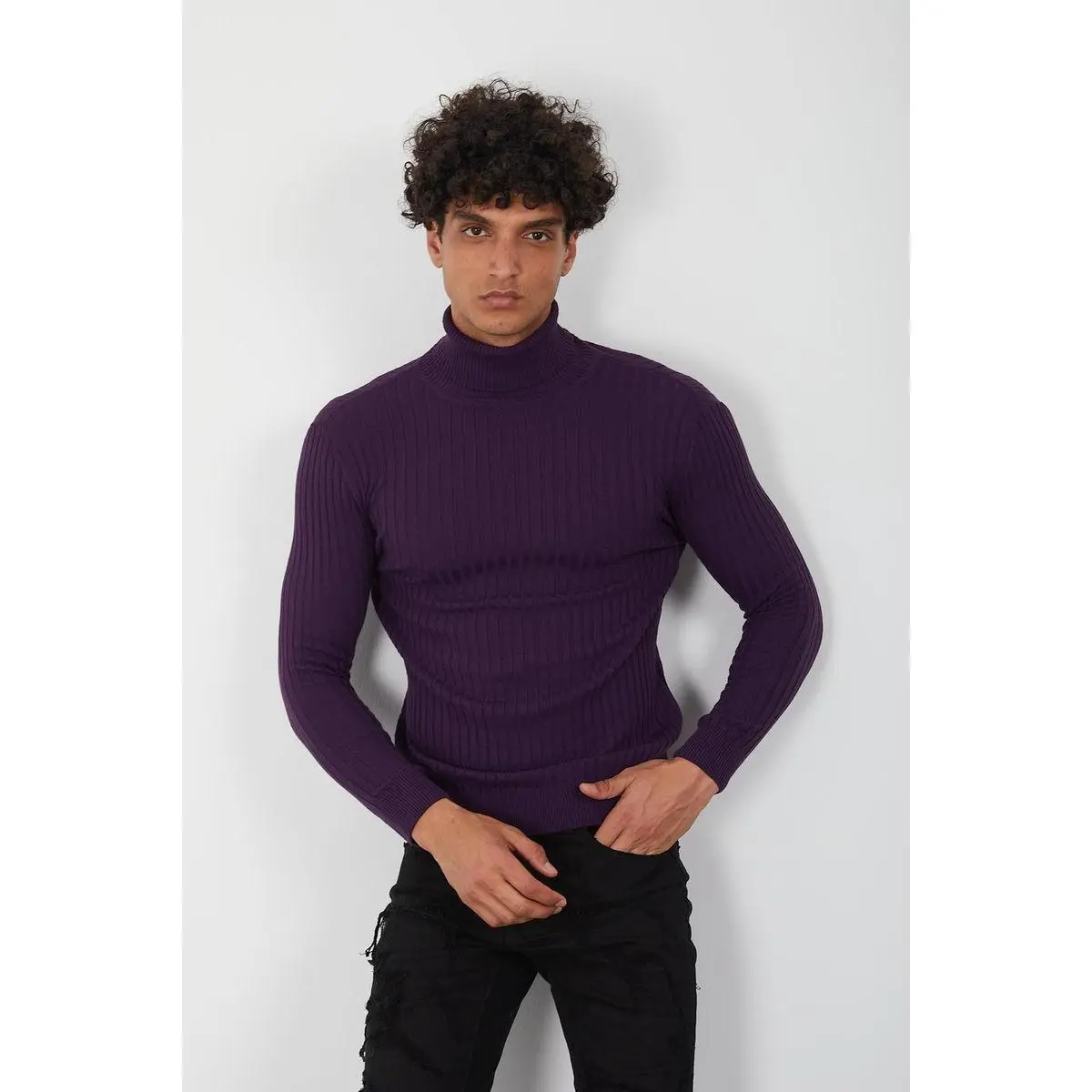 Purple Ribbed Men’s Turtleneck Sweater -Knit Slim Pullover