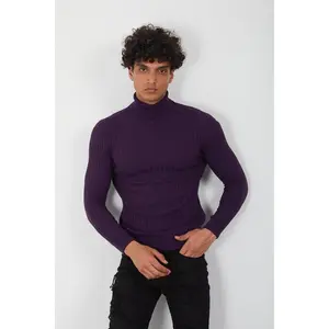 Purple Ribbed Men’s Turtleneck Sweater -Knit Slim Pullover