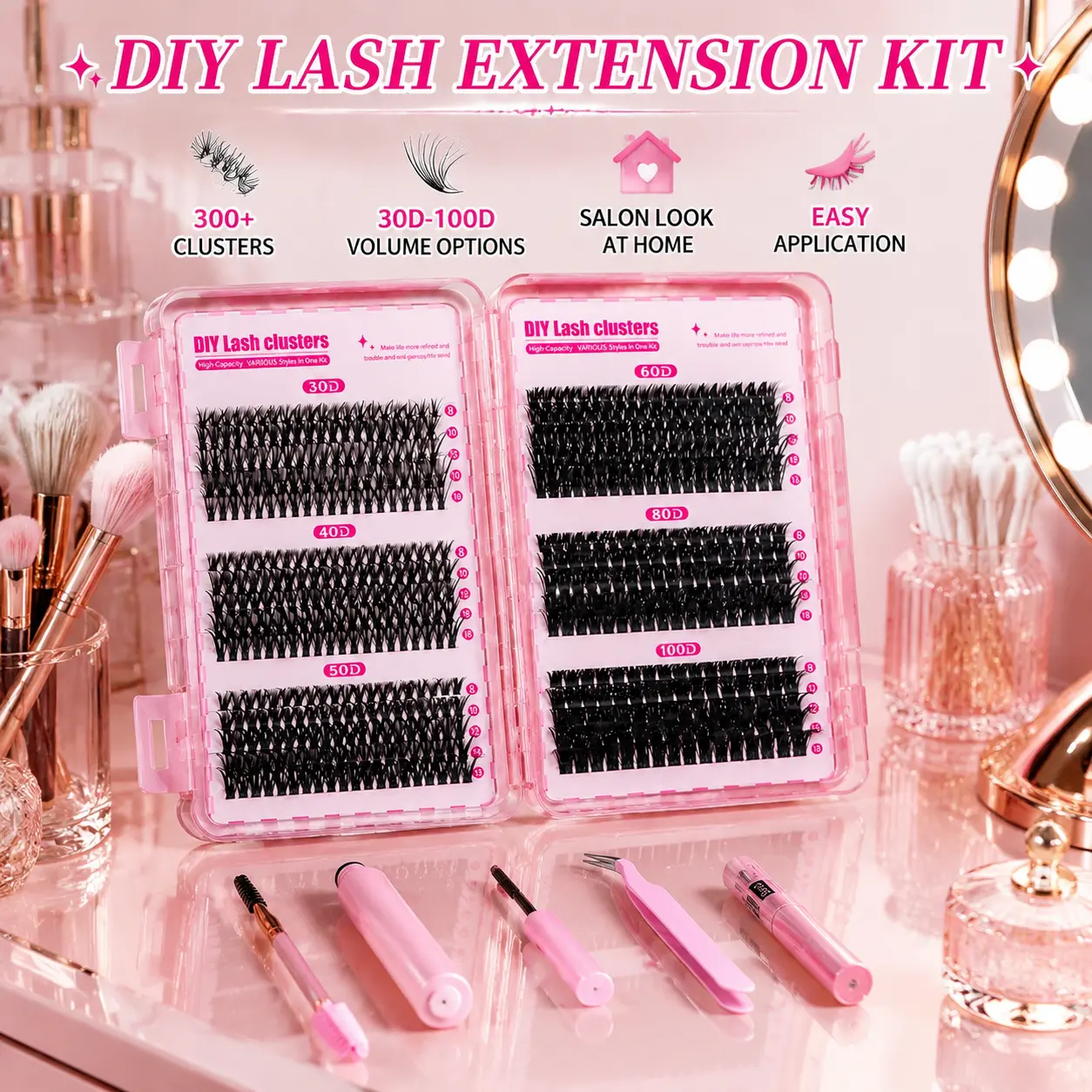 DIY Cluster Eyelashes Kit with Lash Extensions, 300 PCS Individual Lash Clusters, Natural Wispy Volume Lashes, Long Lasting False Eyelashes for Beginners