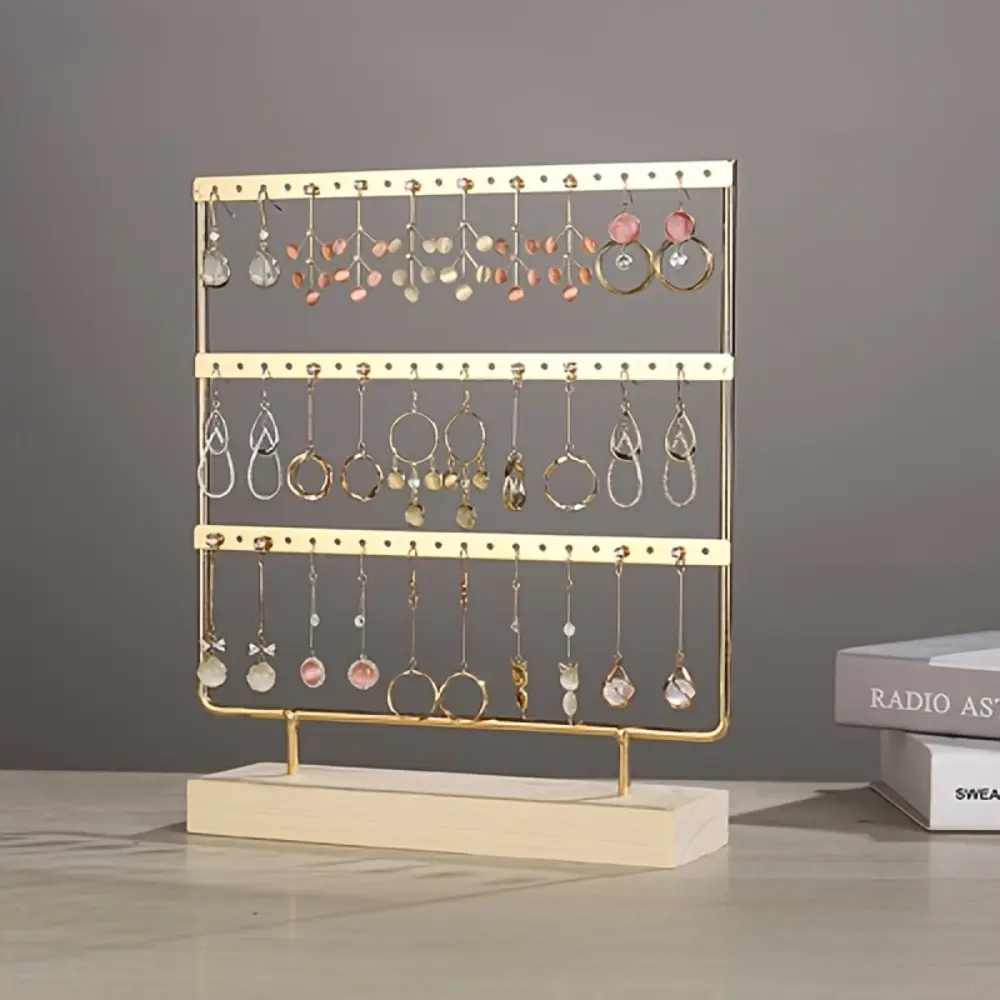 Three-layer iron earring frame jewelry armoire organizer Earring Holder Organizer display and storage detachable wooden base hanging storage box