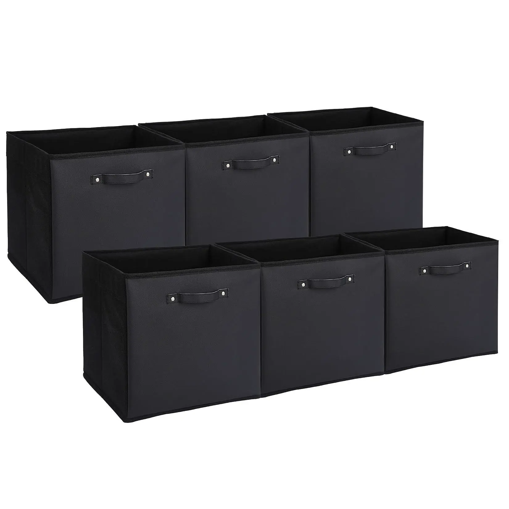 GARVEE 6-Pack 13 in Fabric Storage Bins with Faux Leather Handles, Foldable Cube Organizer Baskets for Shelves & Closet, Collapsible Decor Boxes for Clothes Toys, Black