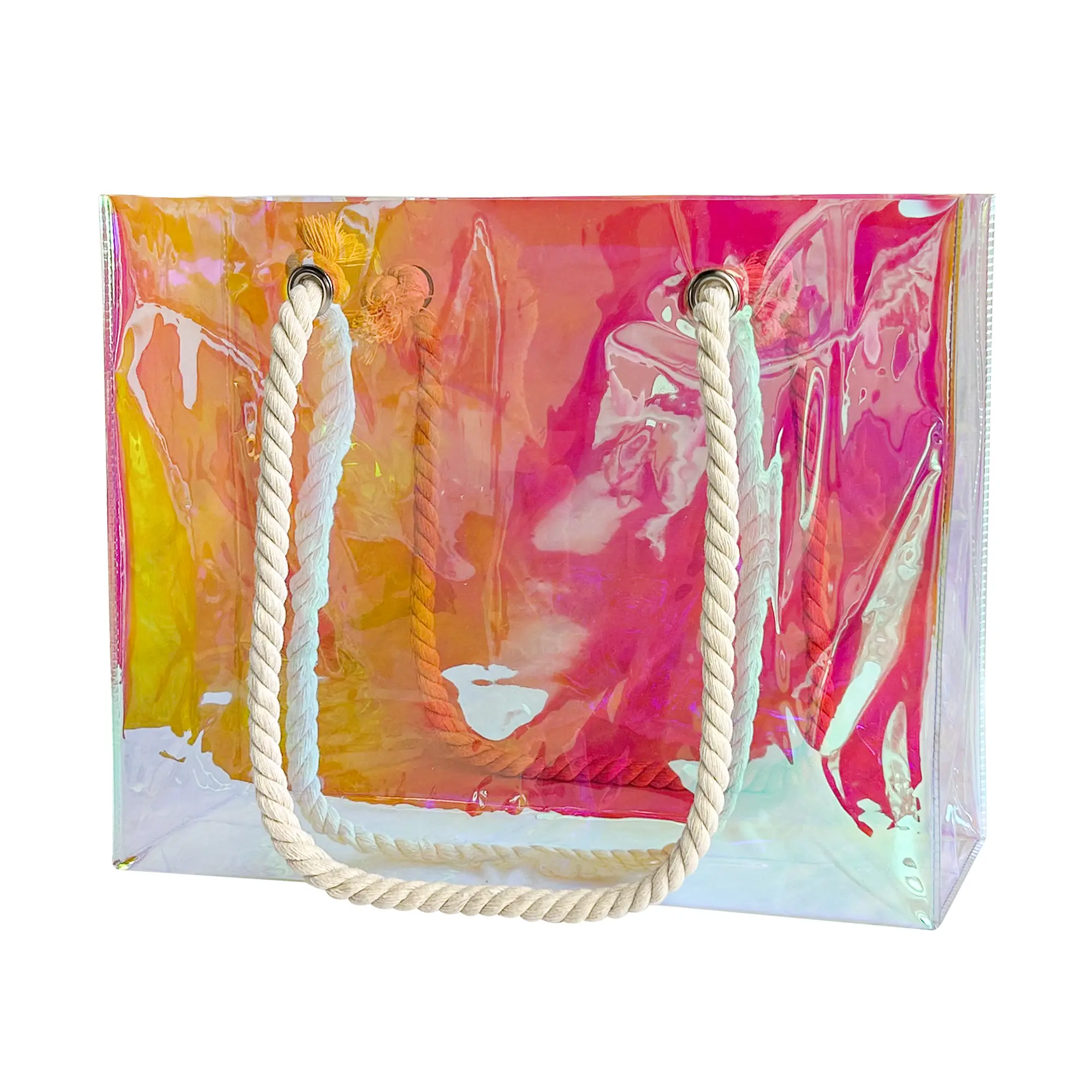 Holographic Magic Color Laser PVC Handbag, Casual Shopping Bag with Hemp Rope Handle, Unique Plastic PVC Handle-Equipped Bag for Travel & Shopping (15.75"x3.94"x11.81"), Plastic Pvc Bag