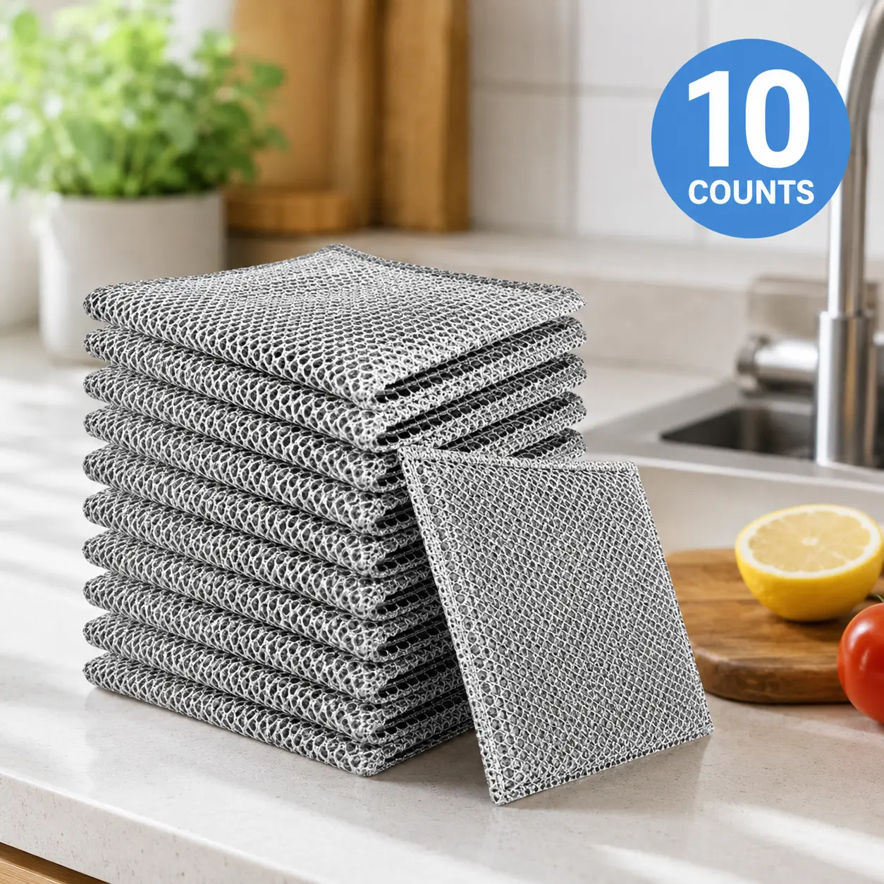 10 Counts Reusable Non Scratch Wire Dishcloth, Heavy Duty Multipurpose Wire Dishwashing Rag, Stainless Steel Metal Scrubbers for Wet & Dry Cleaning, Pot Scrubber Kitchen Cleaning Supplies Household Cleaning Tool