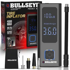 Bullseye Pro Pocket Air Tire Inflator Portable Cordless Air Compressor for Car Tires, Digital Auto Shut-Off, 100 PSI Fast Inflation, 4000mAh Rechargeable Battery, Bike & Ball Pump with Presta Valve | Tire Reparing