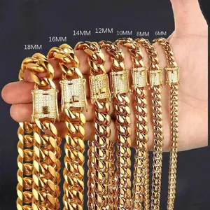 Fashionable Hip Hop - Link Necklace Four Seasons Accesory Styling Buckle Double Closed Jewelry Men's Jewelry Men's Hip-Hop Diamond Necklace Gold Plated Stainless Steel Cuban Chain Jewelry /6 /8/10/12/14 MM FashionableGold Plated Cuban Link Necklace
