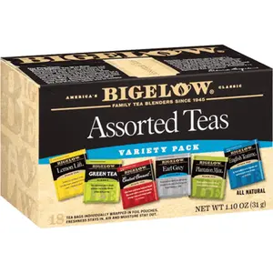 6x Bigelow Assorted Teas Variety Pack - Black Green Herbal Tea Sampler Box Set Beverage Drink Breakfast Afternoon Refreshing Hot Iced Brewing Natural Antioxidant Healthy Lifestyle Gift Bundle Bulk Wholesale Value Lot Pack 18ct 108 Bags Total