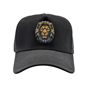 Lion Hat - Wild Design & Unisex Black with Embroidered Lion Face on Mesh Back Trucker Cap for All Seasons Comfortable Breathable Style
