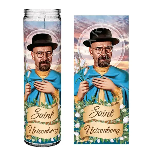 Saint Heisenberg Walter White Breaking Bad Celebrity Prayer Devotional Altar Parody Candle, 8" white unscented glass Birthday Gift