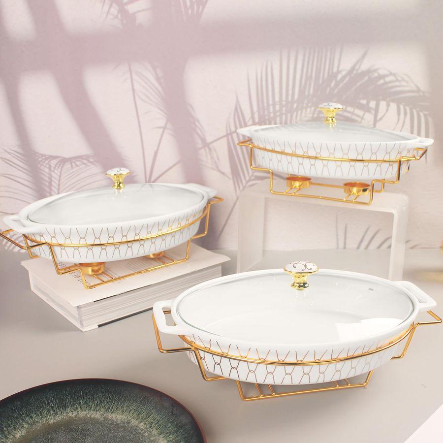 x 7 Ceramic Oval Casserole Dish with Glass Lid and Gold rack, 30 ounce Serving Soup Tureen,Chafing Dish for Buffet, Family Food