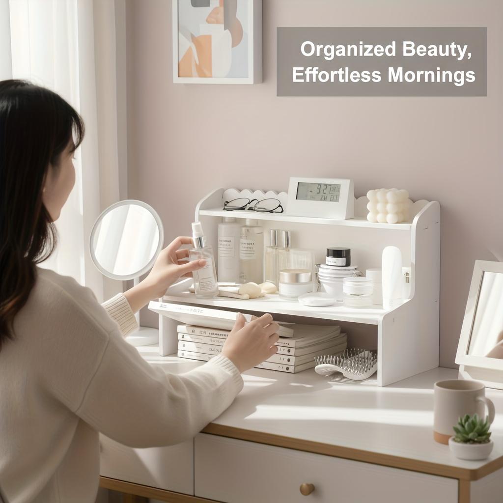 Minimalist White Desktop Organizer Shelf – Multi-Use Storage Rack for Books, Cosmetics & Office Supplies, Space-Saving Desk Organizer for Dorm, Bedroom & Home Office