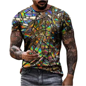 Unisex Holographic Broken Glass Mosaic Print T - Shirt, Trendy Metallic Iridescent Design for Men & Women, Ideal for Music Festivals, Raves, Parties & Casual Daily Outings