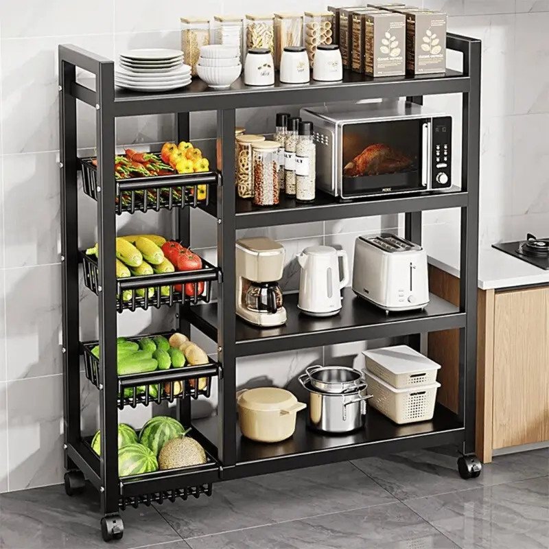 Movable Metal Kitchen  Rack With Universal Wheel And Open Basket - Floor Stand Organiser Black helmet  rack storage