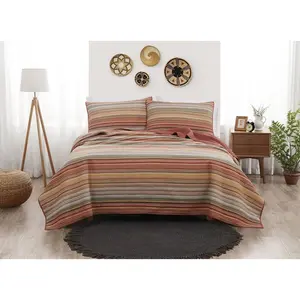 Brooklyn Loom 3pc Full/Queen Sunset Stripe Yarn Dye Quilt Set Orange: Woven Microfiber & Cotton, Machine Washable