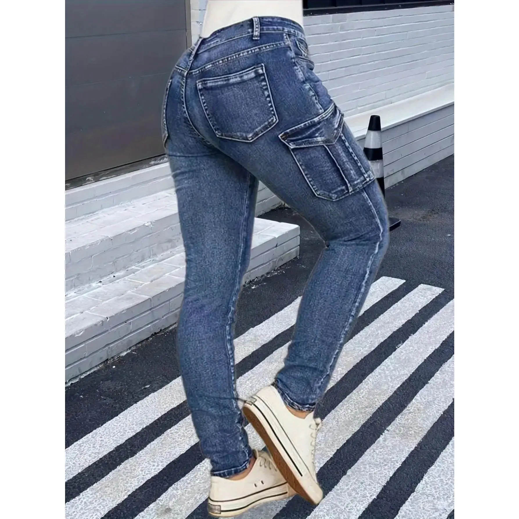 Women's Plus Size High-Rise Slim Jeans, Modest Solid High Stretch Cotton Blend Denim Bottoms with Pockets and Cropped Length