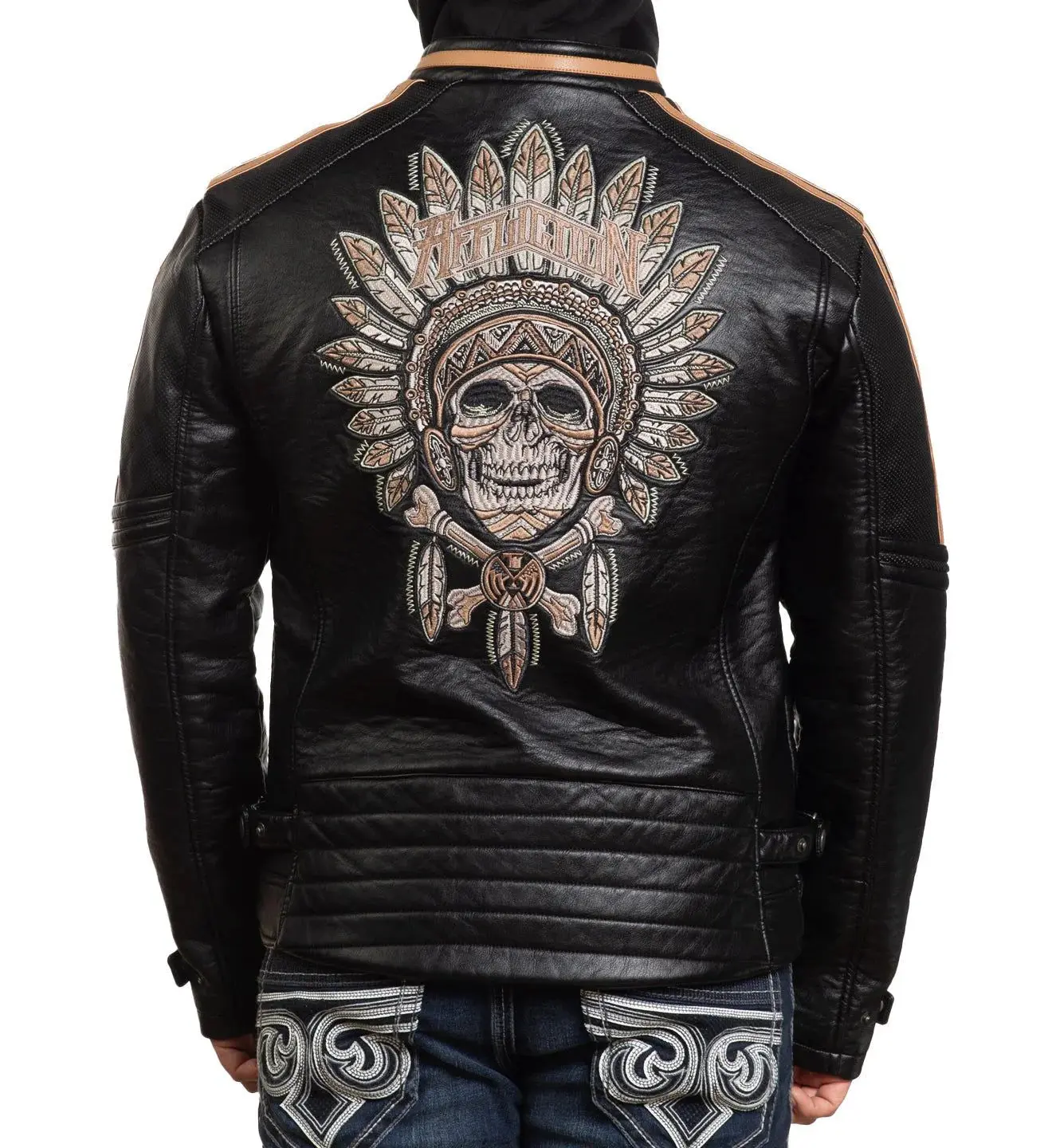 Men's Affliction Gothic Biker Apache Faux Leather Coat - Black Menswear, Graphic Design, Front Zip, Long Sleeve Tops, Slim-Fitting Fashion Casual (Refer to Sizing Chart)