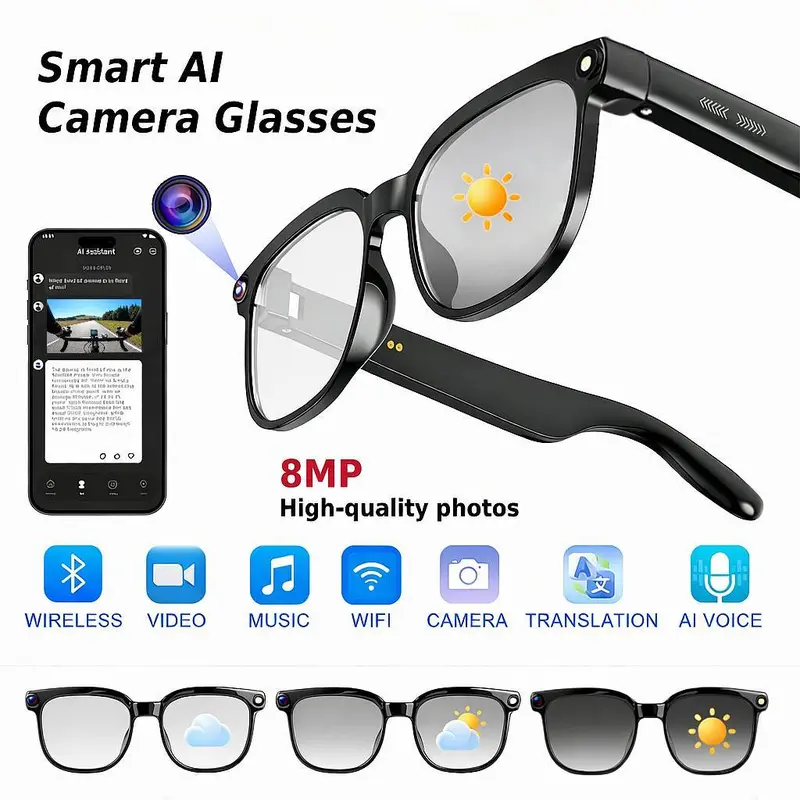 Smart AI Camera Glasses with 8MP Photochromic Lenses ,Button Touch Adjustment for Travel Outdoor Adventures Hands-Free Photography 160+Languages Real-Time Translation Bluetooth Wireless Wearable Video Recording UV Protection