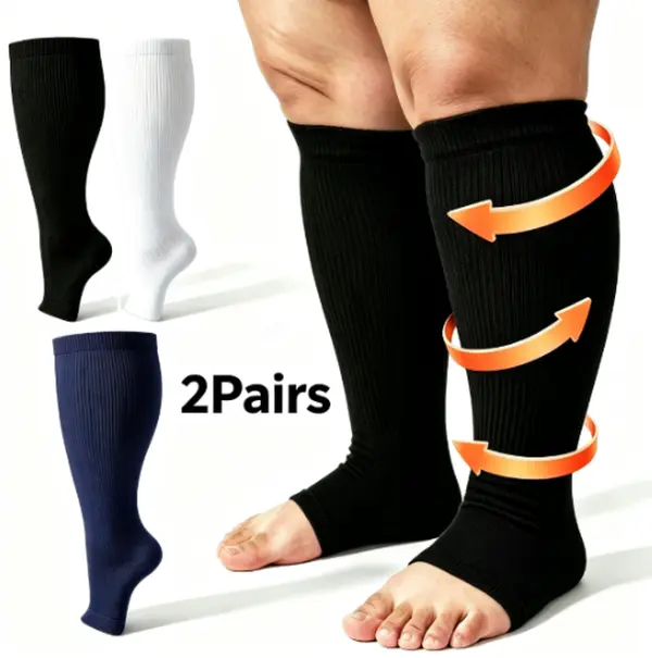 Plus Size Open Toe Compression Socks (2 Pairs) - Breathable, Wide Enlarged Cut, High Elastic Wear-Resistant Fabric, Anti-Slip Design, Relieves Leg Ache & Soreness for Long-Hour Standing, Flights, Hiking