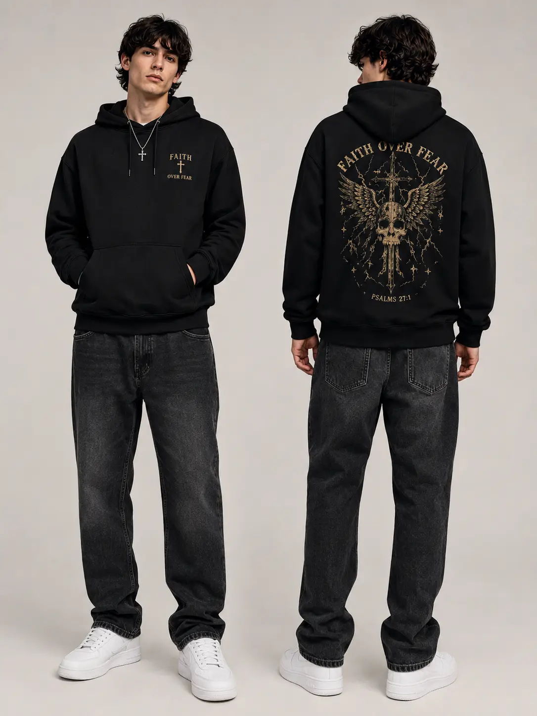 Men’s Black Front and Back Christian Graphic Hoodie, Psalm 27:1 Cross and Winged Skull Pullover Sweatshirt, Gothic Faith Streetwear with Kangaroo Pocket