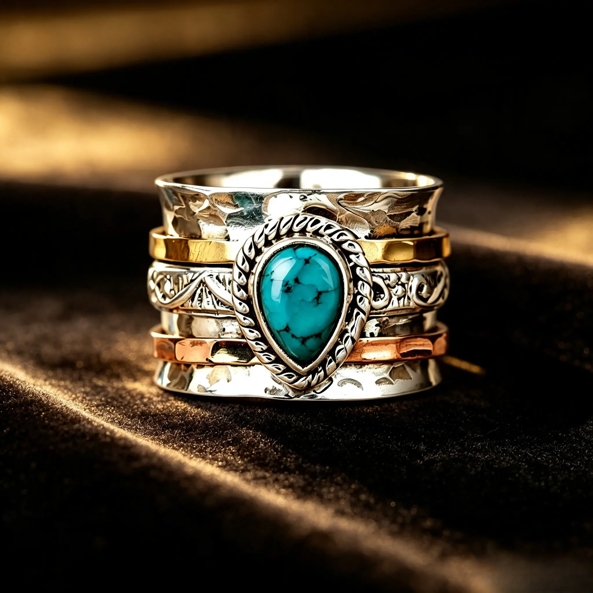 Women's Handmade Pear-Shaped Turquoise Spinner Ring - Mixed Silver-Copper-Gold Stackable Band, Western Boho Fidget Meditation Vintage Jewelry Gift