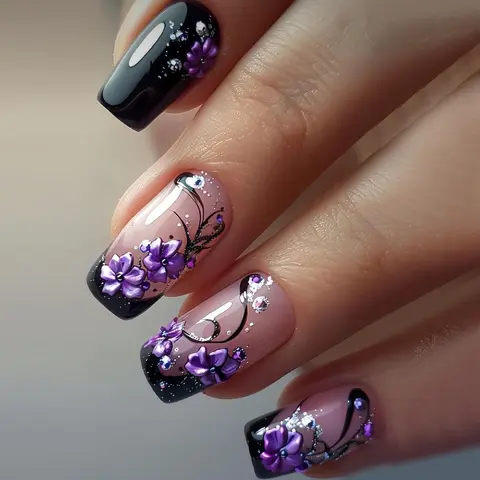 Fashionable Short Floral Artificial Nails, Decorative Fake Nails, Stylish Galaxy Design for Parties or Daily Wear, Easy to Apply Press-On Nail Art, Flower Nails