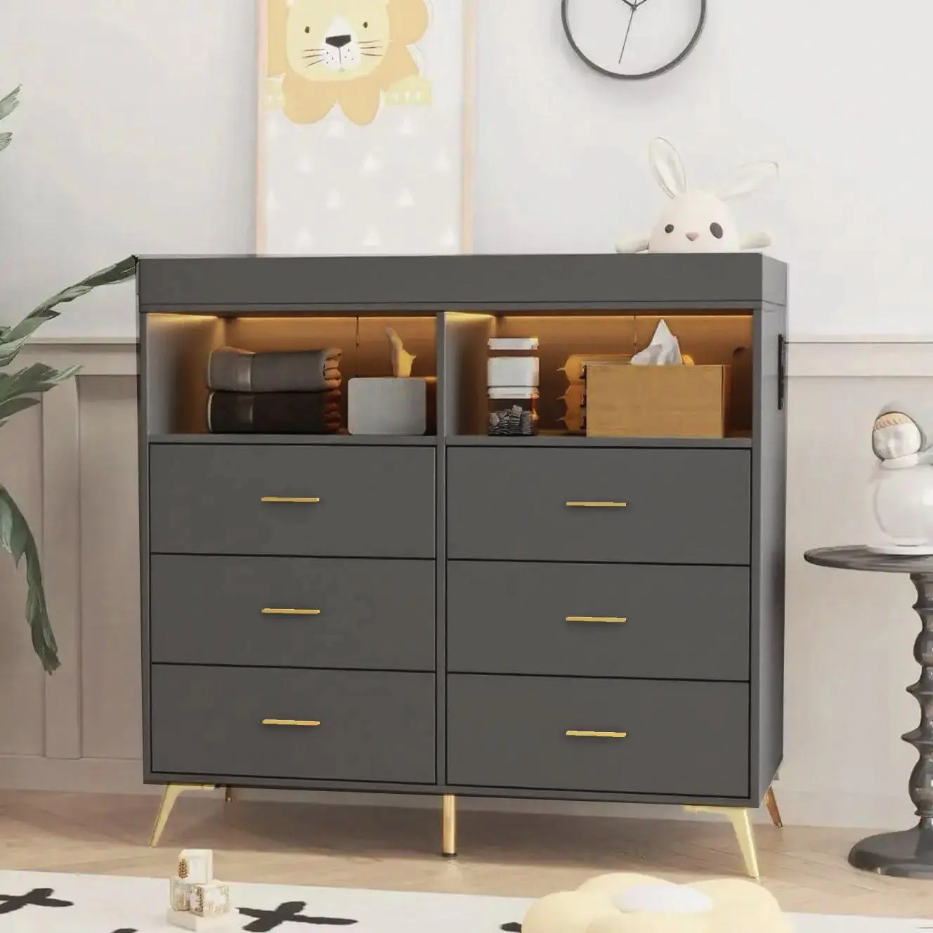 Grey Baby Changing Table Dresser with Drawers, Built-In Power Outlet, LED Lights, Metal Feet – Nursery Organizer Diaper Station for Infants