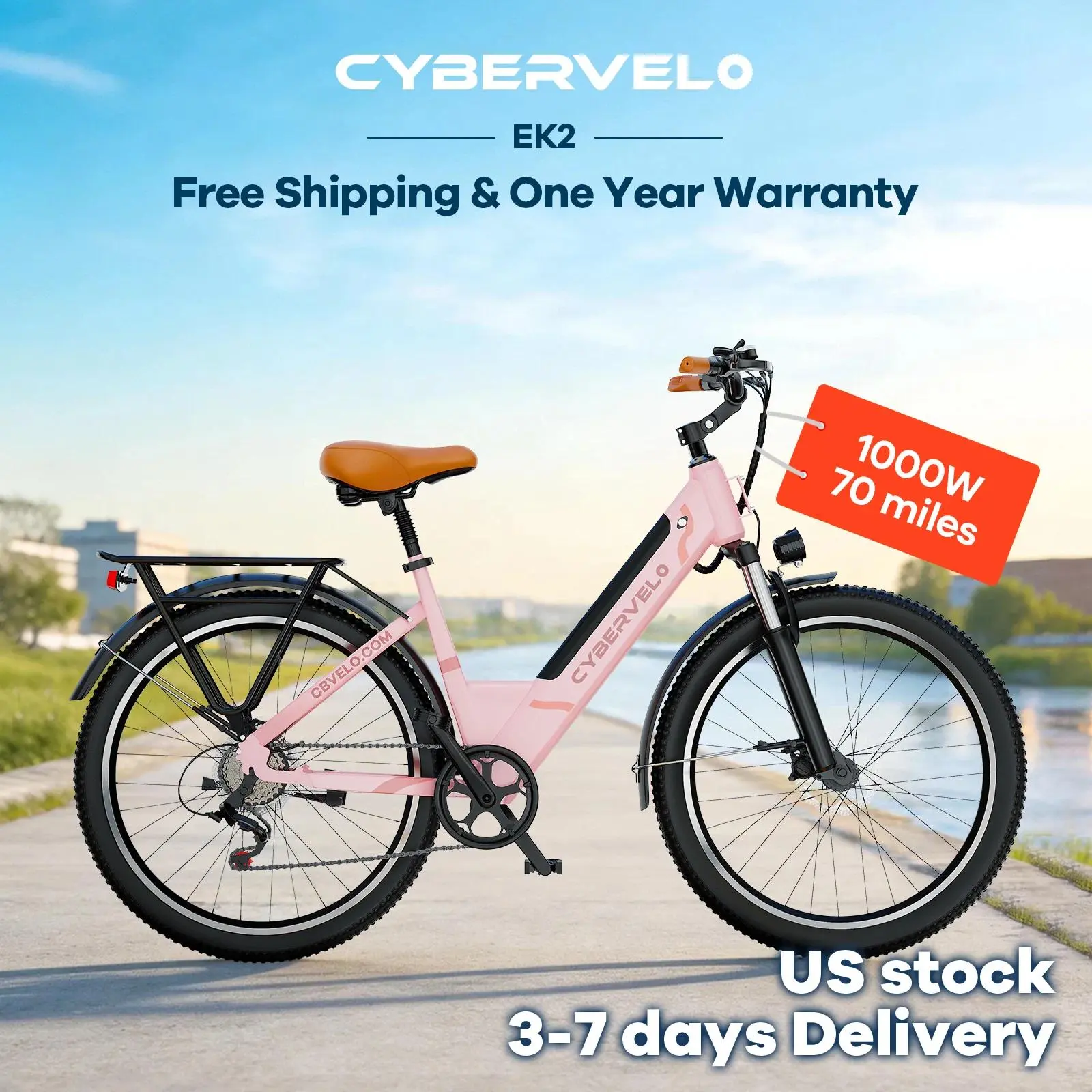 Cybervelo 1000W Peak 26" Electric Bike Adults 80Miles Removable Battery 7-Speed Ebike Beach Snow Commute E Bicycle for Men Women EK2