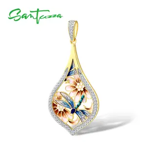 SANTUZZA 925 Silver White Cubic Zirconia Enamel Flower Pendant Without Chain Yellow Plating Fashion Jewelry
