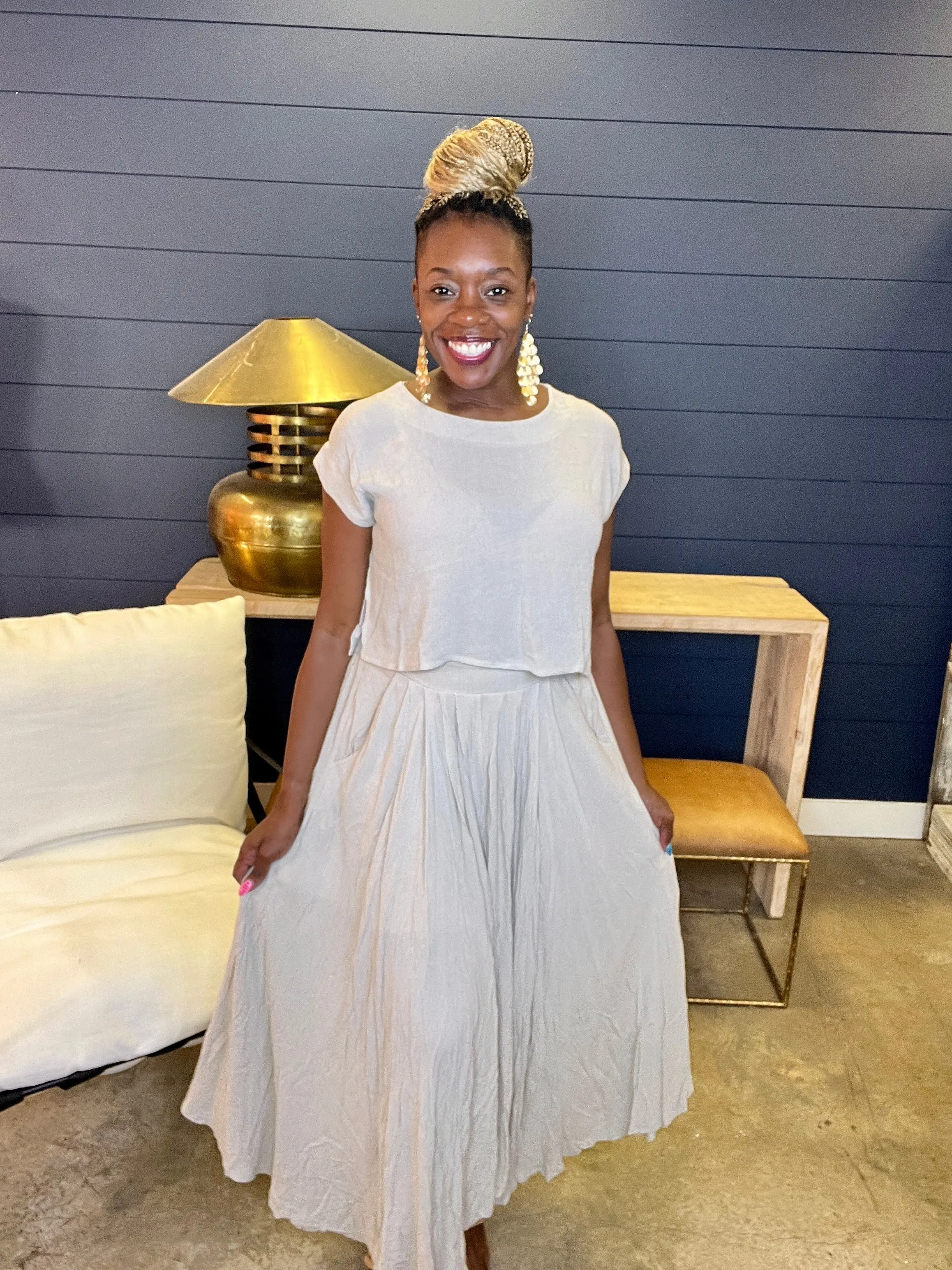 Sand Beige Crinkle Gauze Crop Tee & Skirt Set