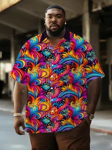 Men's Colorful Swirl Shirt, Vintage Contrast Fashion Plus Size, Summer Breathable Comfort Casual Wear, Loose-Fitting All over Print Shirt