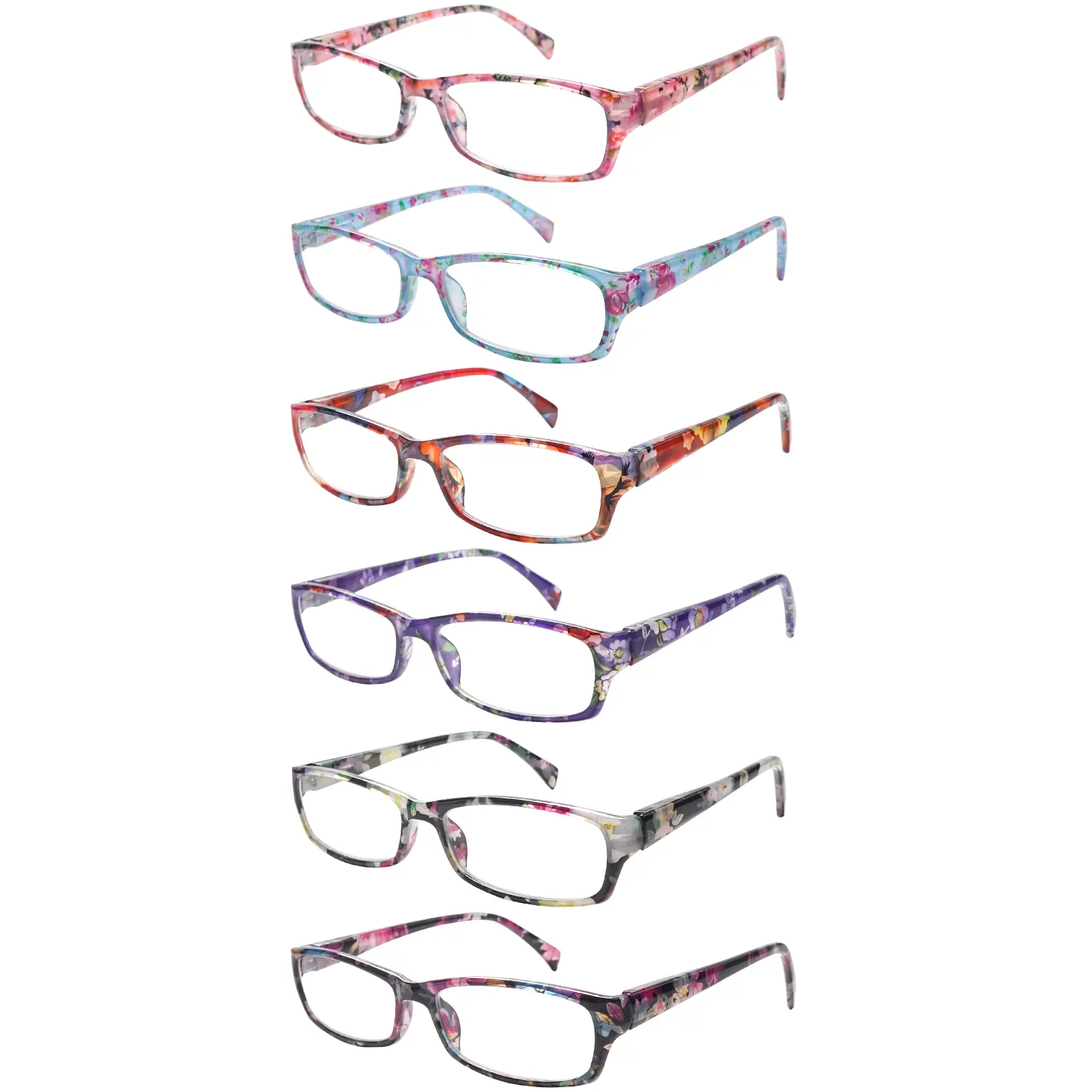 6-Pack Blue Light Blocking Reading Glasses for Women Stylish patterned lightweight frames with spring hinge design Premium blue light blocking lenses effectively relieve eye strain for comfortable wear Essential for daily commutes and office use