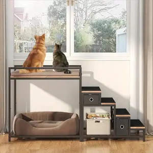 Pet Bunk Bed with Stairs & Storage, Multi-Level Elevated Dog & Cat Bed with Window Perch & Bedside Lounge