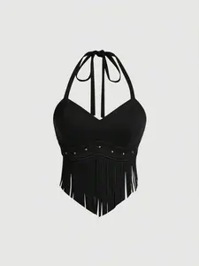 [SAJOON] Summer Vintage Suede Halter Neck Top With Tassel Fringe Decoration