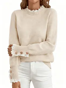 YESY Women's Apricot Floral Trim Round Neck Longsleeve Knitted Sweater - Loose Fit Knitting Fabric, Minimalist Comfortable Basic Top, Cozy Warm for Chilly Days, Effortlessly Chic Casual Style