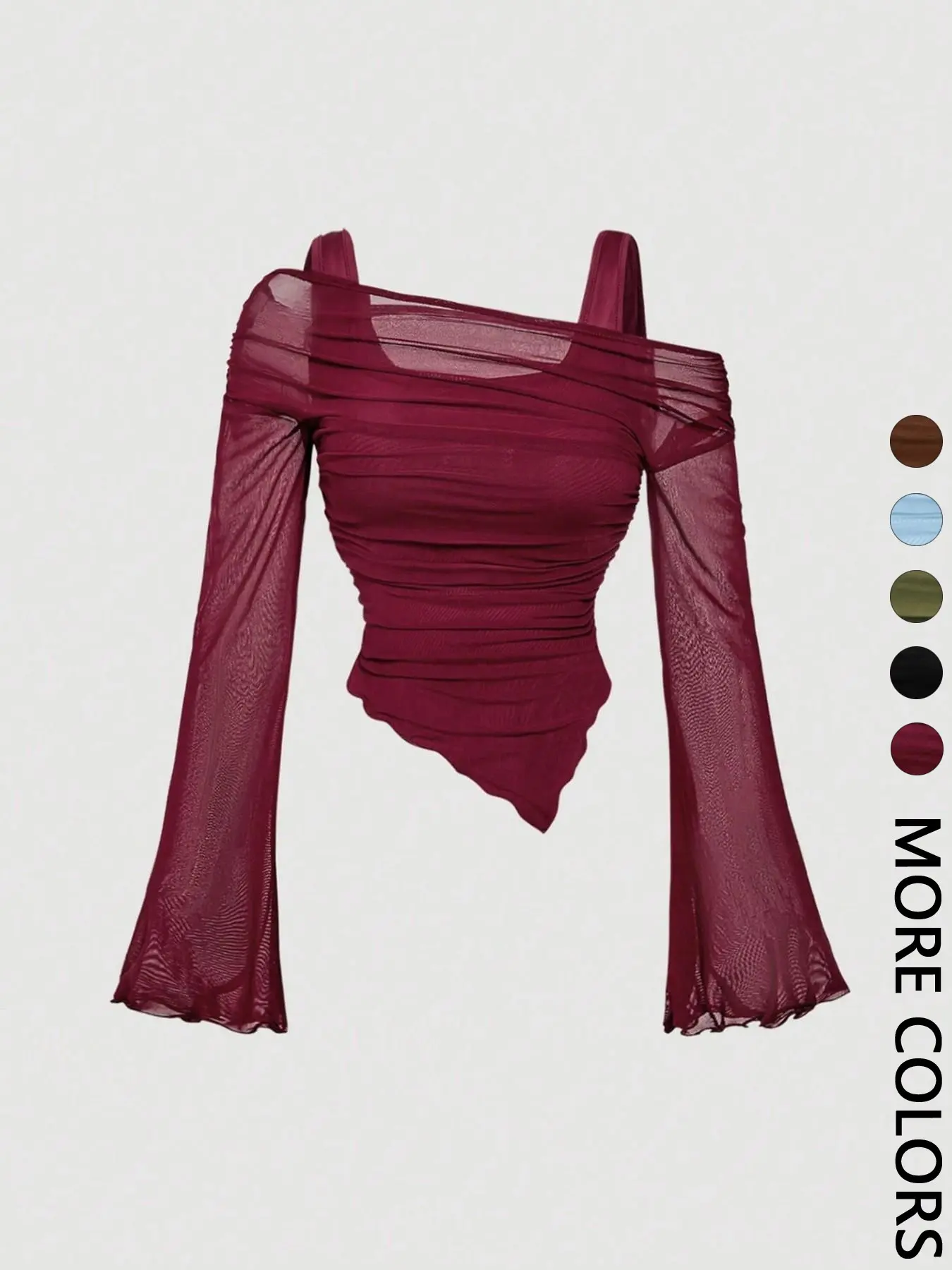 1 Spring Summer Off Shoulder Mesh Crop Top Women | Burgundy Ruched Waist Flared Long Sleeve Asymmetric Hem Top | Y2K Baddie Coquette Style for Date Night Club Party Going Out Wear Womenswear