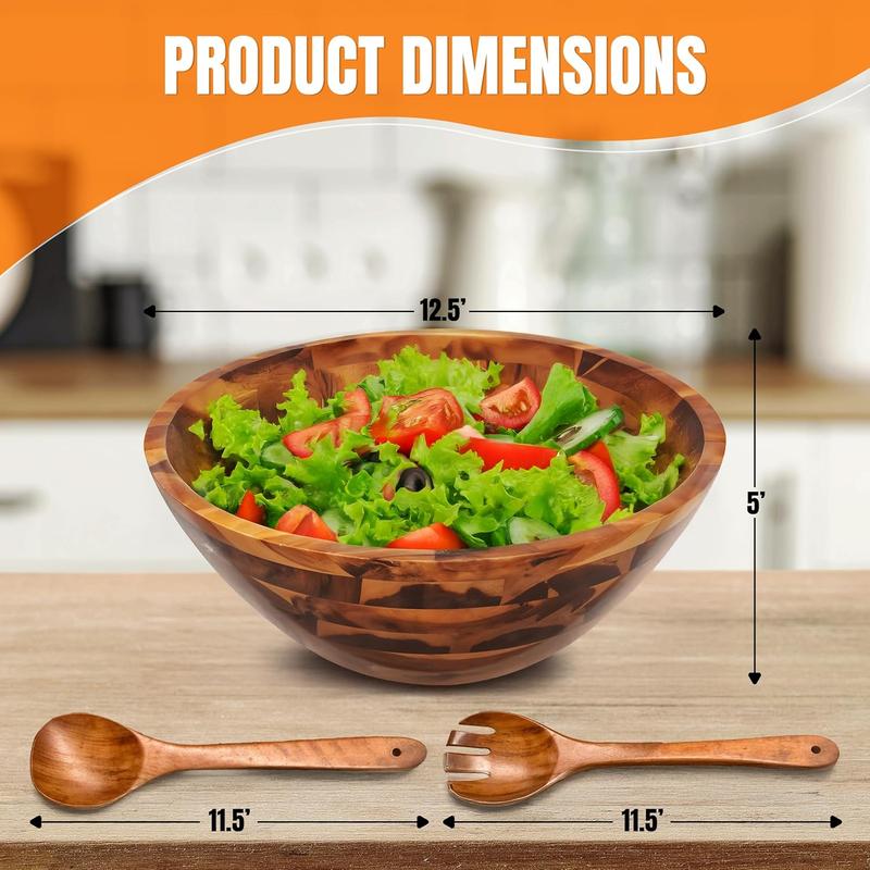 Large Acacia Wood Mixing Bowl with 2 Serving Spoons - 12.5" | Handcrafted Rustic Ceaser Salad Serving Bowl Set, Fruit Bowl, Eco-Friendly & Durable Wooden Utensils for Kitchen Use Aesthetic Tableware