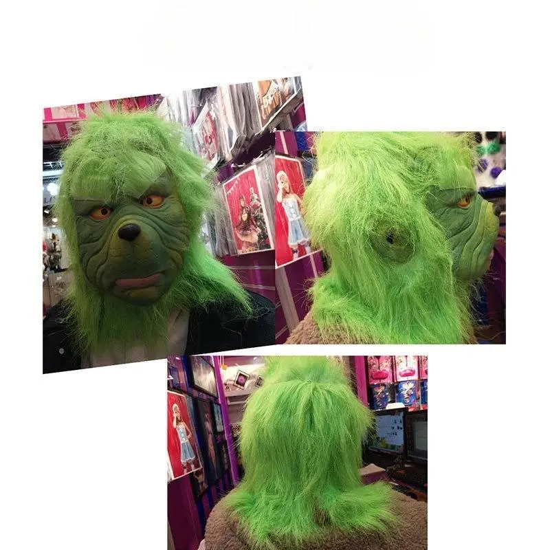 Adult & Kids Green Santa Claus Full Costume Set - Polyester Fabric, Green Haired Shaggy Wig, Hat, Gloves, Mask, Belt, Multi-Size (XXL, XXXL Available) for Christmas Party, Halloween Cosplay