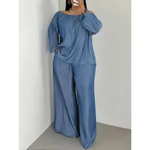 Plus Size, Local Selection Of 2025 Women's Clothing Set, Two Sets Of Solid Color One Shoulder Top, Long Sleeved Straight Leg Pants, Comfortable And Casual, Business Commuting, Fashionable Daily Wear