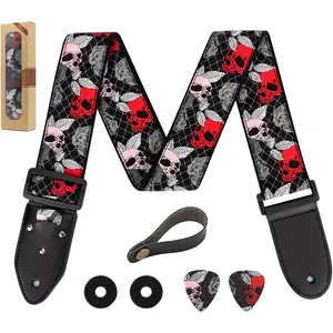 Skull Guitar Strap, Jacquard Weave Embroidered Guitar Straps, Includes Strap Button & 2  Picks & 2 Strap Locks. For Bass, Electric & Acoustic Guitars.   for Men & Women Guitarists