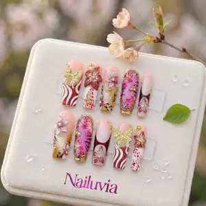 Nailuvia｜10PCS 100% Handmade Press-On Nails｜D132 1.3 Inch｜Reusable Colorful Art Acrylic Stylish｜Gold Butterfly 3D Floral Red Pink