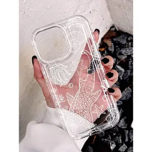 1pc Minimalist Line Drawing Pink Ocean Whale Pattern Airbag Anti-Slip Soft Phone Case Compatible With IPhone 15 Pro Max cases 16 14 Plus Pro Max 13 12 11 X/XS XSMax and Samsung 22/23/24/25