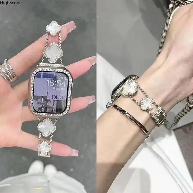 Women's Glamorous Baroque Luxury Clover Versatile Strap - Mother-of-Pearl and Pearl Bracelet-Style Watch Band, Fashionable Watch Accessories, Birthday/Anniversary Gift for Women
