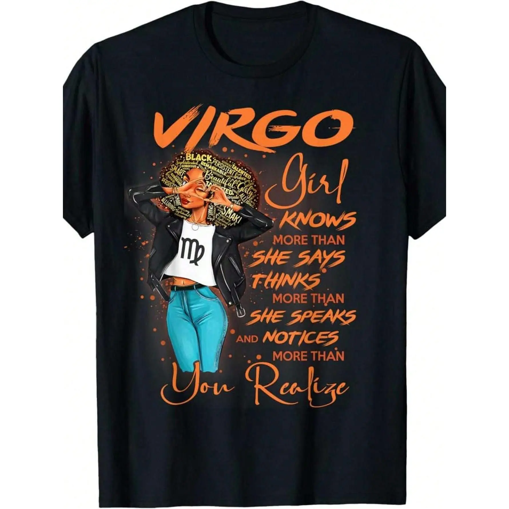 Men's 180g Knitting Cotton Round Neck Crop T-Shirt - Breathable Fabric, Elegant "Virgo Girl Knows More Than She Says" Graphic Slogan, Plant Print Flower Accent, 100% Made in USA Summer Fashion Fit Casual Top, Christmas Menswear, Crew Neck